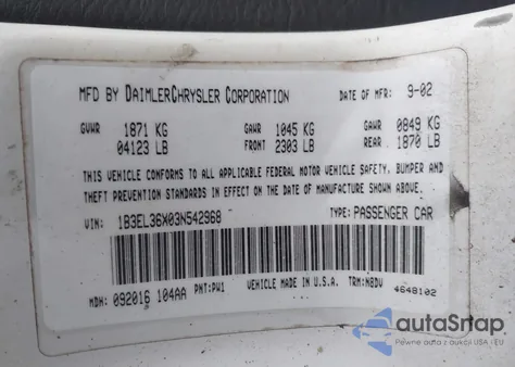 2003 Dodge Stratus Se из США, поврежденный, VIN 1B3EL36X03N542968